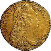 Brazil 1600 Reis Jose I 1768 B Sedwick Auction 13, AU58, - $29,000. KM# 181.1 JOSEPHUS I D G PORT ET ALG REX 1763 B coin obverse Brazil 1600 Reis Jose I 1768 B Sedwick Auction 13, AU58, - $29,000. KM# 181.1 JOSEPHUS I D G PORT ET ALG REX 1763 B coin obverse