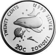 Cook Islands 20 Cents (Dolphins) TWENTY CENTS 999 SILVER 1/20TH OZ 20C LASSEN coin reverse