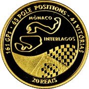 Brazil 20 Reais Ayrton Senna 1995 Proof KM# 644 161 GPS 65 POLE POSITIONS 41 VITÓRIAS MÔNACO INTERLAGOS 20 REAIS coin reverse Brazil 20 Reais Ayrton Senna 1995 Proof KM# 644 161 GPS 65 POLE POSITIONS 41 VITÓRIAS MÔNACO INTERLAGOS 20 REAIS coin reverse