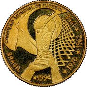 Brazil 20 Reais Four-Time Champion of the World Cup 1994 Proof KM# 639 CAMPEAO MUNDIAL DE FUTEBOL BRASIL 1994 1970 1962 1958 coin obverse Brazil 20 Reais Four-Time Champion of the World Cup 1994 Proof KM# 639 CAMPEAO MUNDIAL DE FUTEBOL BRASIL 1994 1970 1962 1958 coin obverse