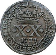Brazil 20 Reis Joao V 1729 B KM# 143.2 IOANNES V D G P ET BRASIL REX XX 1729 coin obverse Brazil 20 Reis Joao V 1729 B KM# 143.2 IOANNES V D G P ET BRASIL REX XX 1729 coin obverse