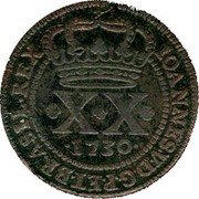 Brazil 20 Reis Joao V 1730 B KM# 143.1 IOANNES V D G P ET BRASIL REX XX 1730 coin obverse Brazil 20 Reis Joao V 1730 B KM# 143.1 IOANNES V D G P ET BRASIL REX XX 1730 coin obverse