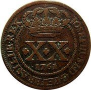 Brazil 20 Reis Jose I 1761 B KM# 166.2 JOSEPHUS I D G ET BRASILIAE REX XX 1761 coin obverse