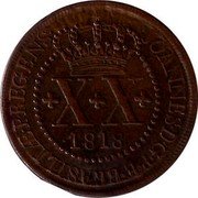 Brazil 20 Reis Joao 1818 KM# 315 JOANNES D G P ET BRASILIAE P REGENS X X 1818 coin obverse Brazil 20 Reis Joao 1818 KM# 315 JOANNES D G P ET BRASILIAE P REGENS X X 1818 coin obverse