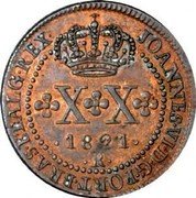 Brazil 20 Reis John VI 1821 R Cross on crown KM# 316.1 JOANNES VI D G PORT BRAS ET ALG REX XX 1821 R coin obverse Brazil 20 Reis John VI 1821 R Cross on crown KM# 316.1 JOANNES VI D G PORT BRAS ET ALG REX XX 1821 R coin obverse