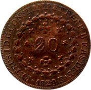 Brazil 20 Reis Pedro I 1824 R KM# 360.1 PETRUS. I. D. G. CONST. IMP. ET. PERP. BRAS. DEF 20 1825. R coin obverse Brazil 20 Reis Pedro I 1824 R KM# 360.1 PETRUS. I. D. G. CONST. IMP. ET. PERP. BRAS. DEF 20 1825. R coin obverse
