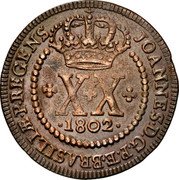Brazil 20 Reis Joao 1802 KM# 233.1 JOANNES D G P ET BRASILIAE P REGENS X X 1802 coin obverse Brazil 20 Reis Joao 1802 KM# 233.1 JOANNES D G P ET BRASILIAE P REGENS X X 1802 coin obverse