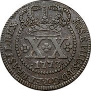 Brazil 20 Reis Jose I 1773 KM# 175.2 JOSEPHUS I D G P ET BRASIL REX XX 1774 coin obverse Brazil 20 Reis Jose I 1773 KM# 175.2 JOSEPHUS I D G P ET BRASIL REX XX 1774 coin obverse