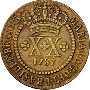 Brazil 20 Reis Maria I 1787 KM# 216.2 MARIA I D G P ET BRASILIÆ REGINA XX 1787 coin obverse Brazil 20 Reis Maria I 1787 KM# 216.2 MARIA I D G P ET BRASILIÆ REGINA XX 1787 coin obverse