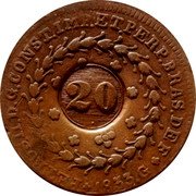 Brazil 20 Reis Countermarked Coinage ND (1835) Host Date 1833G KM# 440 PETRUS.II.D.G.CONST.IMP.ET.PERP.BRAS.DEF 1833.G 20 coin obverse Brazil 20 Reis Countermarked Coinage ND (1835) Host Date 1833G KM# 440 PETRUS.II.D.G.CONST.IMP.ET.PERP.BRAS.DEF 1833.G 20 coin obverse