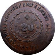 Brazil 20 Reis Countermarked Coinage ND (1835) R Host Date 1827 KM# 436.1 PETRUS.I.D.G.CONST.IMP.ET.PERP.BRAS.DEF. 20 1824.R coin obverse Brazil 20 Reis Countermarked Coinage ND (1835) R Host Date 1827 KM# 436.1 PETRUS.I.D.G.CONST.IMP.ET.PERP.BRAS.DEF. 20 1824.R coin obverse
