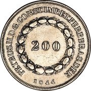 Brazil 200 Reis Pedro II 1844 KM# 455 PRETRUS. II. D. G. CONST. IMP. ET. PERP. BRAS. DEF. 200 1848 coin obverse Brazil 200 Reis Pedro II 1844 KM# 455 PRETRUS. II. D. G. CONST. IMP. ET. PERP. BRAS. DEF. 200 1848 coin obverse