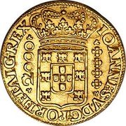 Brazil 2000 Reis Joao V 1725 M KM# 114 IOANNES V D G PORT ET ALG REX 2000 coin obverse Brazil 2000 Reis Joao V 1725 M KM# 114 IOANNES V D G PORT ET ALG REX 2000 coin obverse