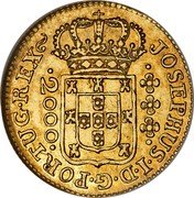 Brazil 2000 Reis Jose I 1771 KM# 182.2 JOSEPHUS I D G PORTUG REX 2000 coin obverse Brazil 2000 Reis Jose I 1771 KM# 182.2 JOSEPHUS I D G PORTUG REX 2000 coin obverse