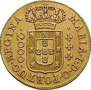 Brazil 2000 Reis Maria I 1787 KM# 224 MARIA I D G PORTUG REGINA 2000 coin obverse Brazil 2000 Reis Maria I 1787 KM# 224 MARIA I D G PORTUG REGINA 2000 coin obverse