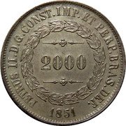 Brazil 2000 Reis Pedro II 1851 KM# 462 PETRUS II. D. G. CONST. IMP. ET PERP. BRAS. DEF. 2000 1851 coin obverse Brazil 2000 Reis Pedro II 1851 KM# 462 PETRUS II. D. G. CONST. IMP. ET PERP. BRAS. DEF. 2000 1851 coin obverse