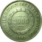 Brazil 2000 Reis Pedro II 1864 KM# 466 PETRUS II. D. G. CONST. IMP. ET PERP. BRAS. DEF. 2000 1867 coin obverse Brazil 2000 Reis Pedro II 1864 KM# 466 PETRUS II. D. G. CONST. IMP. ET PERP. BRAS. DEF. 2000 1867 coin obverse
