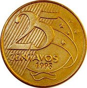 Brazil 25 Centavos Deodoro da Fonseca. T Inside Stripes 1998 KM# 650 25 CENTAVOS 1998 coin reverse Brazil 25 Centavos Deodoro da Fonseca. T Inside Stripes 1998 KM# 650 25 CENTAVOS 1998 coin reverse