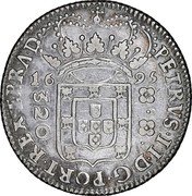 Brazil 320 Reis Peter II 1695 KM# 81.2 PETRVS II D G PORT REX ET BRA D 16 95 320 coin obverse Brazil 320 Reis Peter II 1695 KM# 81.2 PETRVS II D G PORT REX ET BRA D 16 95 320 coin obverse
