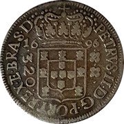 Brazil 320 Reis Peter II 1696 KM# 82 PETRVS II D G PORT REX ET BRAS D 16 95 320 coin obverse Brazil 320 Reis Peter II 1696 KM# 82 PETRVS II D G PORT REX ET BRAS D 16 95 320 coin obverse