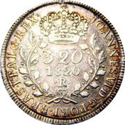 Brazil 320 Reis John VI 1820 R Star on crown KM# 324.2 JOANNES VI D G PORT BRAS ET ALG REX 320 1818 R coin obverse Brazil 320 Reis John VI 1820 R Star on crown KM# 324.2 JOANNES VI D G PORT BRAS ET ALG REX 320 1818 R coin obverse