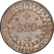 Brazil 320 Reis Pedro I 1825 R Cross above crown KM# 374 PETRUS.I.D.G.CONST.IMP.ET.PERP.BRAS.DEF 320 1826R coin obverse Brazil 320 Reis Pedro I 1825 R Cross above crown KM# 374 PETRUS.I.D.G.CONST.IMP.ET.PERP.BRAS.DEF 320 1826R coin obverse