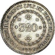 Brazil 320 Reis Pedro II 1833 R KM# 390 PETRUS.II.D.G.CONST.IMP.ET.PERP.BRAS.DEF 320 1833 R coin obverse Brazil 320 Reis Pedro II 1833 R KM# 390 PETRUS.II.D.G.CONST.IMP.ET.PERP.BRAS.DEF 320 1833 R coin obverse