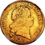 Brazil 3200 Reis Joao V 1727 B KM# 129 IOANNES V D G PORT ET ALG REX 1727 B coin obverse Brazil 3200 Reis Joao V 1727 B KM# 129 IOANNES V D G PORT ET ALG REX 1727 B coin obverse