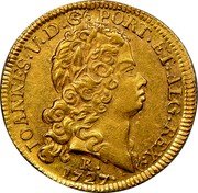 Brazil 3200 Reis Joao V 1727 R Herit. Signature 3024 F - $14,000. KM# 131 IOANNES V D G PORT ET ALG REX 1727 R coin obverse Brazil 3200 Reis Joao V 1727 R Herit. Signature 3024 F - $14,000. KM# 131 IOANNES V D G PORT ET ALG REX 1727 R coin obverse