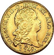 Brazil 3200 Reis Joao V 1749 R Herit. Signature 3015, MS64 - $26,000. KM# 155 IOANNES V D G PORT ET ALG REX 1749 R coin obverse Brazil 3200 Reis Joao V 1749 R Herit. Signature 3015, MS64 - $26,000. KM# 155 IOANNES V D G PORT ET ALG REX 1749 R coin obverse