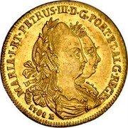 Brazil 3200 Reis Maria I and Pedro III 1781 B Herit. Signature 3020, AU55 - $13,000. KM# 150 MARIA I ET PETRUS III D G PORT ET ALG REGES 1789 B coin obverse Brazil 3200 Reis Maria I and Pedro III 1781 B Herit. Signature 3020, AU55 - $13,000. KM# 150 MARIA I ET PETRUS III D G PORT ET ALG REGES 1789 B coin obverse