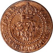 Brazil 37-1/2 Reis John VI 1821 M KM# 317.1 JOANNES VI D G PORT BRAS ET ALG REX 37½ 1818 M coin obverse Brazil 37-1/2 Reis John VI 1821 M KM# 317.1 JOANNES VI D G PORT BRAS ET ALG REX 37½ 1818 M coin obverse