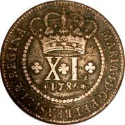 Brazil 40 Reis Maria I 1786 KM# 217.2 MARIA I D G P ET BRASILIAE REGINA XL 1786 coin obverse Brazil 40 Reis Maria I 1786 KM# 217.2 MARIA I D G P ET BRASILIAE REGINA XL 1786 coin obverse