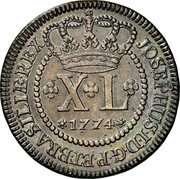 Brazil 40 Reis Jose I 1774 KM# 184.2 JOSEPHUS I D G P ET BRASILIAE REX XL 1774 coin obverse Brazil 40 Reis Jose I 1774 KM# 184.2 JOSEPHUS I D G P ET BRASILIAE REX XL 1774 coin obverse