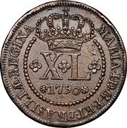 Brazil 40 Reis Maria I 1790 KM# 217.1 MARIA I D G P ET BRASILIÆ REGINA XL 1786 coin obverse Brazil 40 Reis Maria I 1790 KM# 217.1 MARIA I D G P ET BRASILIÆ REGINA XL 1786 coin obverse