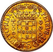 Brazil 4000 Reis Peter II 1698 KM# 89 PETRVS. II. DG. PORTVG. REX. 4000 coin obverse Brazil 4000 Reis Peter II 1698 KM# 89 PETRVS. II. DG. PORTVG. REX. 4000 coin obverse