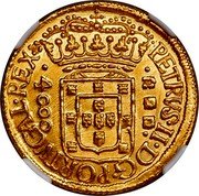 Brazil 4000 Reis Pedro 1702 P KM# 99 PETRVS. II. D. G. PORTVGAL. REX. 4000 coin obverse Brazil 4000 Reis Pedro 1702 P KM# 99 PETRVS. II. D. G. PORTVGAL. REX. 4000 coin obverse