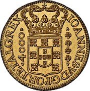 Brazil 4000 Reis Joao V 1718 B KM# 106 IOANNES V D G PORT ET ALG REX 4000 coin obverse Brazil 4000 Reis Joao V 1718 B KM# 106 IOANNES V D G PORT ET ALG REX 4000 coin obverse