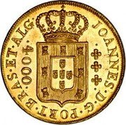 Brazil 4000 Reis Joao Prince Regent 1816 KM# 312 JOANNES D G PORT BRAS ET ALG 4000 coin obverse Brazil 4000 Reis Joao Prince Regent 1816 KM# 312 JOANNES D G PORT BRAS ET ALG 4000 coin obverse
