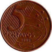 Brazil 5 Centavos Tiradentes. T Fully Inside Stripes 1998 KM# 648 5 CENTAVOS 1999 coin reverse Brazil 5 Centavos Tiradentes. T Fully Inside Stripes 1998 KM# 648 5 CENTAVOS 1999 coin reverse