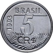 Brazil 5 Cruzeiros Reais Arara 1993 KM# 627 BRASIL 1993 5 CR$ coin obverse