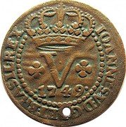 Brazil 5 Reis Joao V 1749 KM# 159 IOANNES V D G P ET BRASIL REX V 1749 coin obverse Brazil 5 Reis Joao V 1749 KM# 159 IOANNES V D G P ET BRASIL REX V 1749 coin obverse