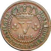 Brazil 5 Reis Jose I 1774 KM# 173.3 IOSEPHUS I D G REX P ET D GUIN V 1753 coin obverse Brazil 5 Reis Jose I 1774 KM# 173.3 IOSEPHUS I D G REX P ET D GUIN V 1753 coin obverse