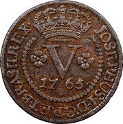 Brazil 5 Reis Jose I 1765 R KM# 173.2 JOSEPHUS I D G P ET BRASIL REX V 1765 coin obverse Brazil 5 Reis Jose I 1765 R KM# 173.2 JOSEPHUS I D G P ET BRASIL REX V 1765 coin obverse