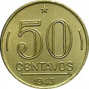 Brazil 50 Centavos Getulio Vargas 1943 KM# 557 50 CENTAVOS 1942 coin reverse Brazil 50 Centavos Getulio Vargas 1943 KM# 557 50 CENTAVOS 1942 coin reverse