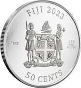 Fiji 50 Cents Unicorn. Coloured 2023 FIJI 2023 50 CENTS 1 OZ .999 FINE SILVER coin obverse Fiji 50 Cents Unicorn. Coloured 2023 FIJI 2023 50 CENTS 1 OZ .999 FINE SILVER coin obverse