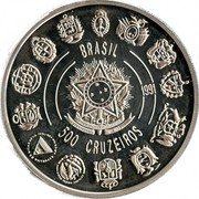 Brazil 500 Cruzeiros Encounter of the Two Worlds 1991 Proof KM# 621 BRASIL 1991 REPUBLICA FEDERATIVA DO BRASIL 15 DE NOVEMBRO DE 1889 500 CRUZEIROS coin obverse Brazil 500 Cruzeiros Encounter of the Two Worlds 1991 Proof KM# 621 BRASIL 1991 REPUBLICA FEDERATIVA DO BRASIL 15 DE NOVEMBRO DE 1889 500 CRUZEIROS coin obverse