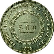 Brazil 500 Reis Pedro II 1855 KM# 464 PETRUS II. D. G. CONST. IMP. ET PERP. BRAS. DEF. 500 1863 coin obverse Brazil 500 Reis Pedro II 1855 KM# 464 PETRUS II. D. G. CONST. IMP. ET PERP. BRAS. DEF. 500 1863 coin obverse