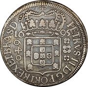 Brazil 640 Reis Peter II 1695 KM# 84 PETRVS II D G PORT REX ET BRAS D 16 95 640 coin obverse Brazil 640 Reis Peter II 1695 KM# 84 PETRVS II D G PORT REX ET BRAS D 16 95 640 coin obverse