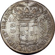 Brazil 640 Reis Peter II 1695 KM# 83.1 PETRVS. II. DG. PORT. REX. ET. BRAS. D. 16 95 640 coin obverse